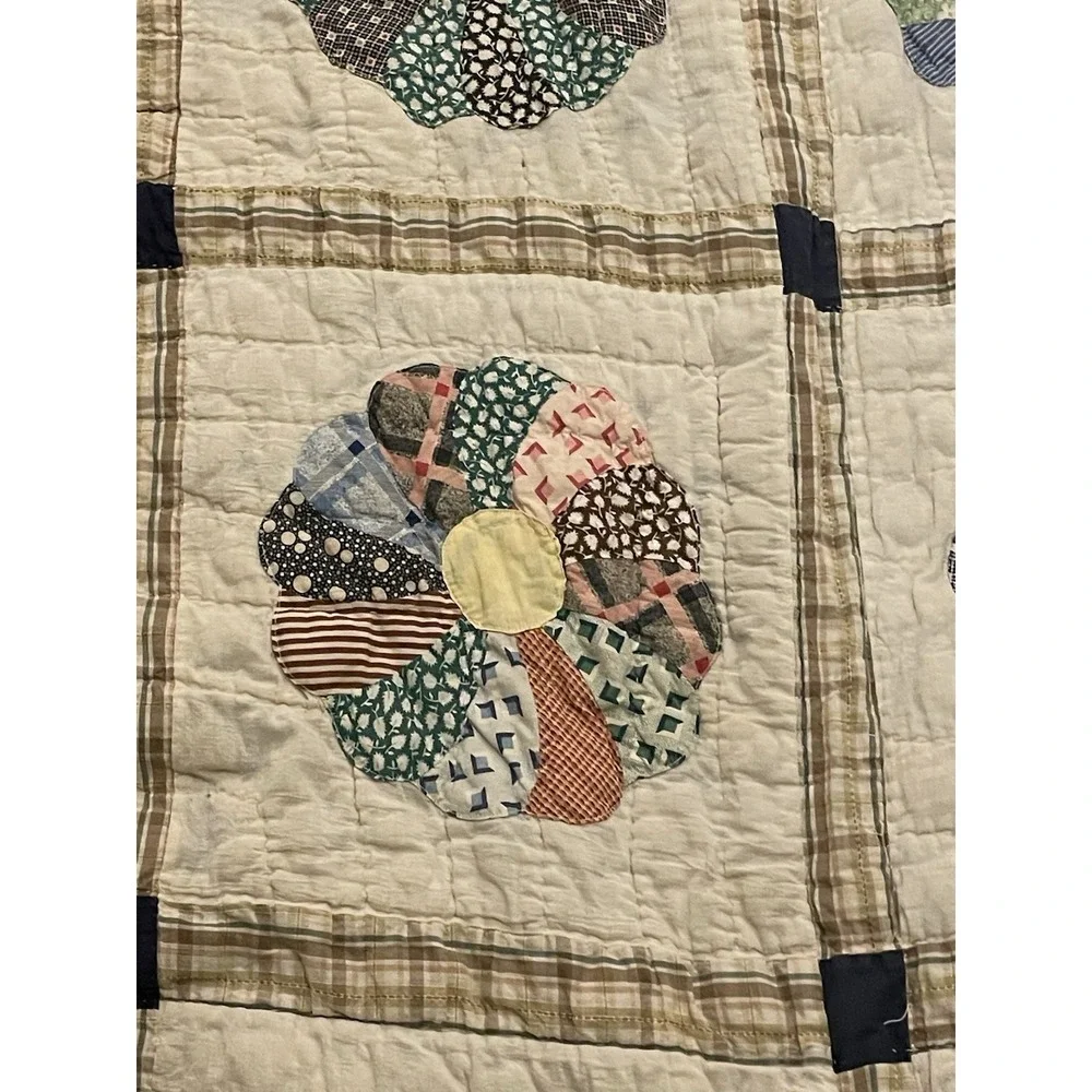 Vtg 1930s Dresden Plate Quilt NRA Blue Eagle Domino Sugar Sack Backing Folk Art